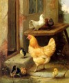 Una gallina, pollitos y palomas, animales de granja, Edgar Hunt.